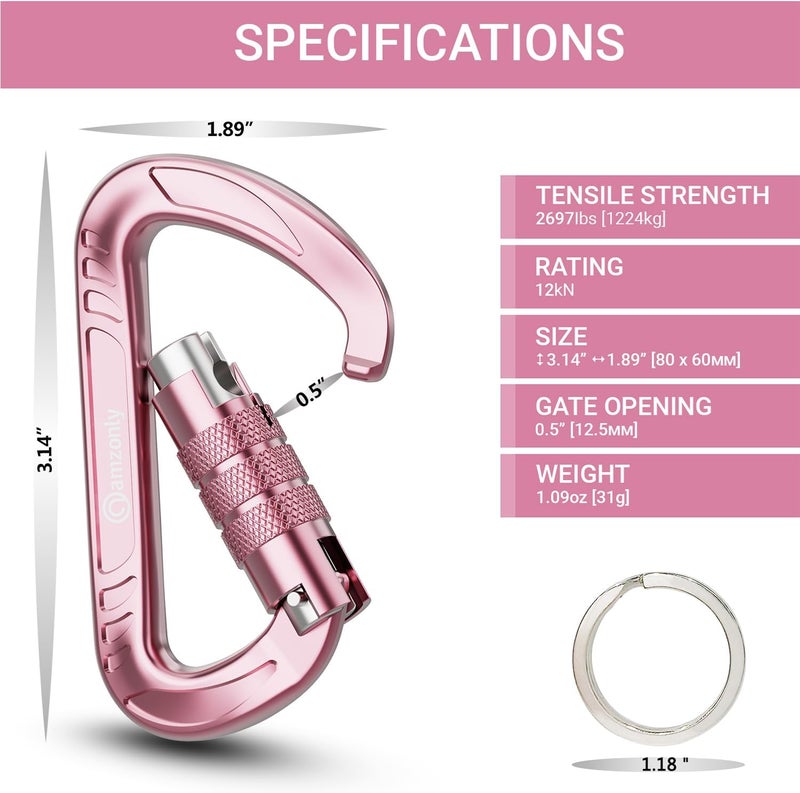 Amzonly 3inch Auto Locking Carabiner Clips Heavy Duty, 12KN /2697lbs Lightweight keychain carabiners, Sturdy Twist Lock Caribeeners for Camping Hiking Hammock Swing Backpack, dog leash and Harness etc - Image 2